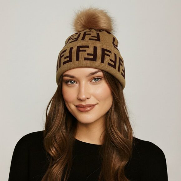 Knit Beanie Tuque with Faux Fur Pom – Brown & Tan Double F Pattern Hat - Picture 2 of 16